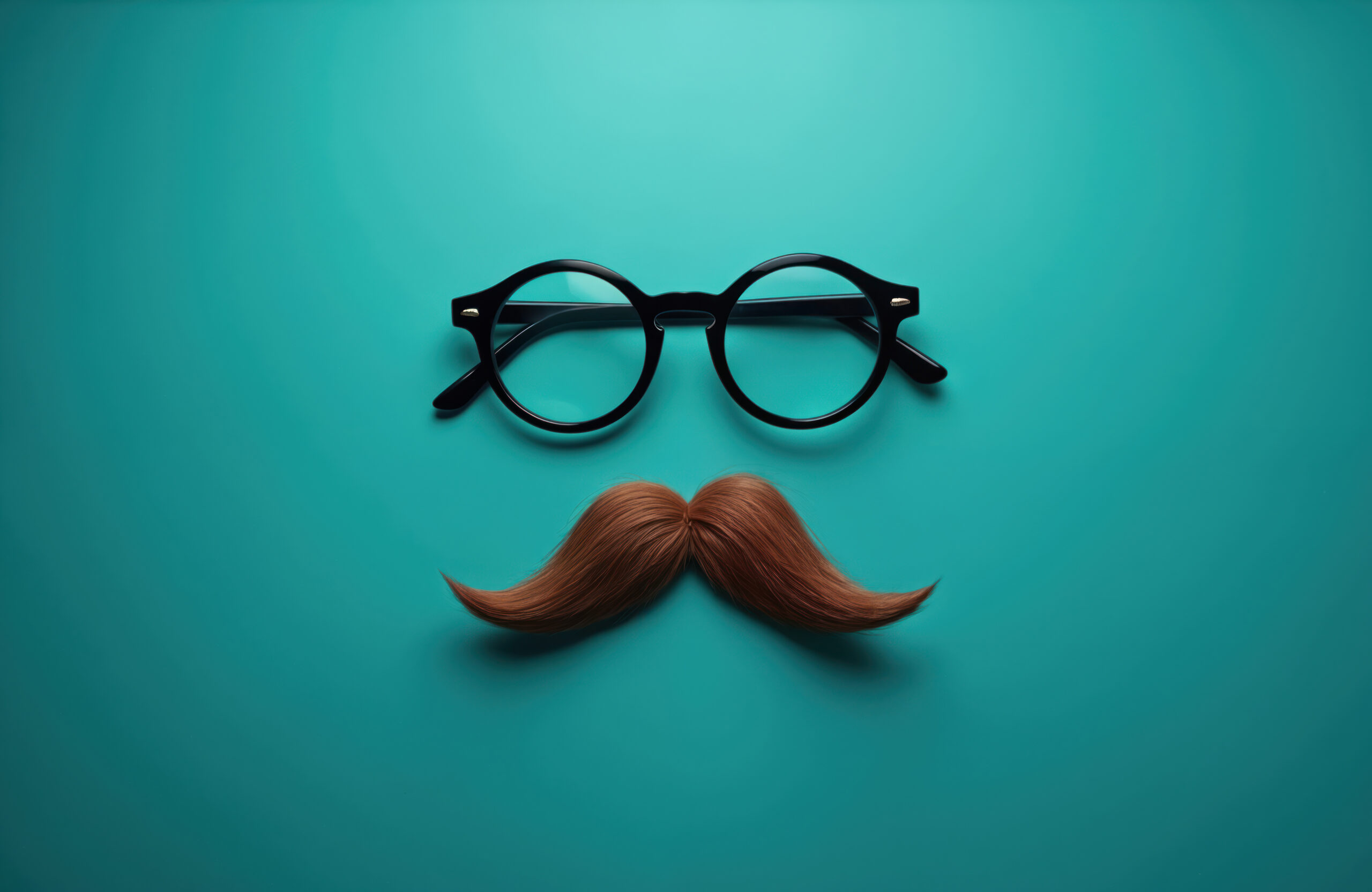 Round eyeglasses, brown mustache create whimsical face on turquoise background. Concept of disguise, fun, humor. Vintage style, hipster theme. Playful design. Studio shot, minimal. Costume party,